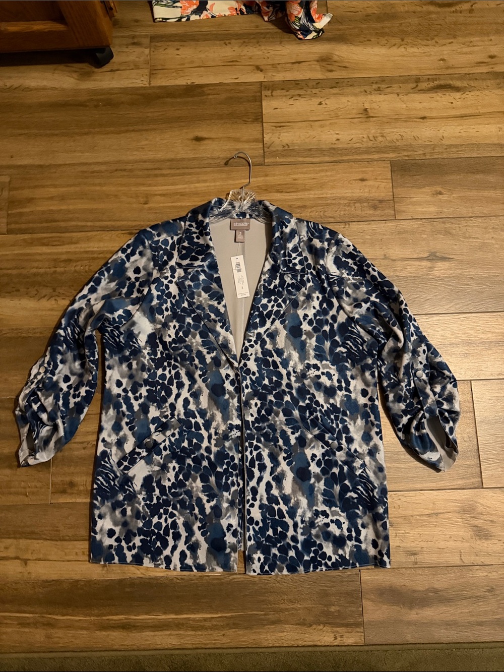 Chico's Navy and Gray Abstract Open-Front Jacket